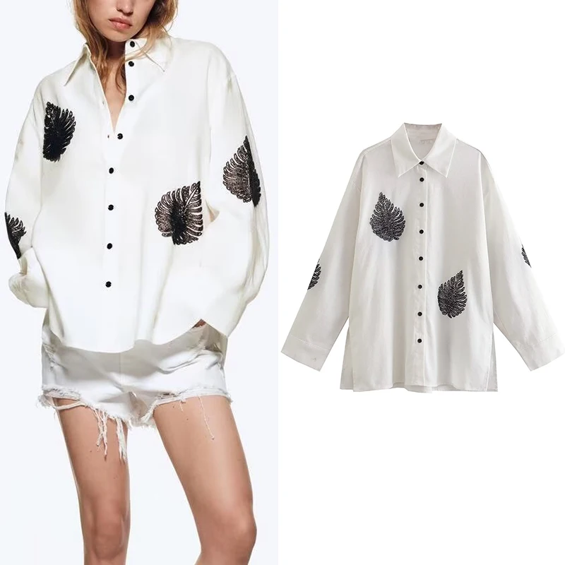 

2022 Spring Women Fashion Beaded Shirt Casual Loose Long Sleeve Single-breasted Lapel Shirt Chic Top MSD7083