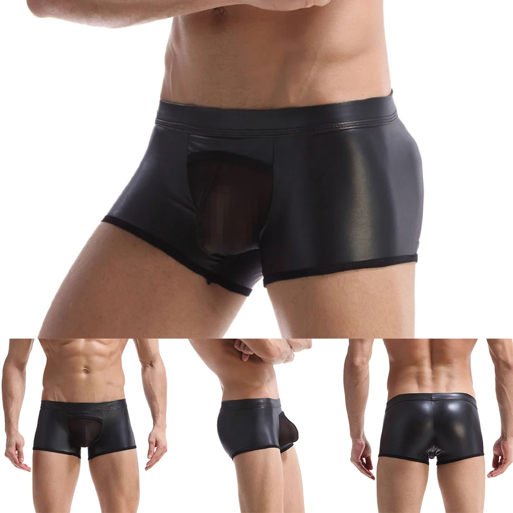 Mens Underwear Black PU Leather Boxer Shorts Jock Strap Panties Breathable Underpants Penis Bulge Pouch Jocky Boxershorts Men