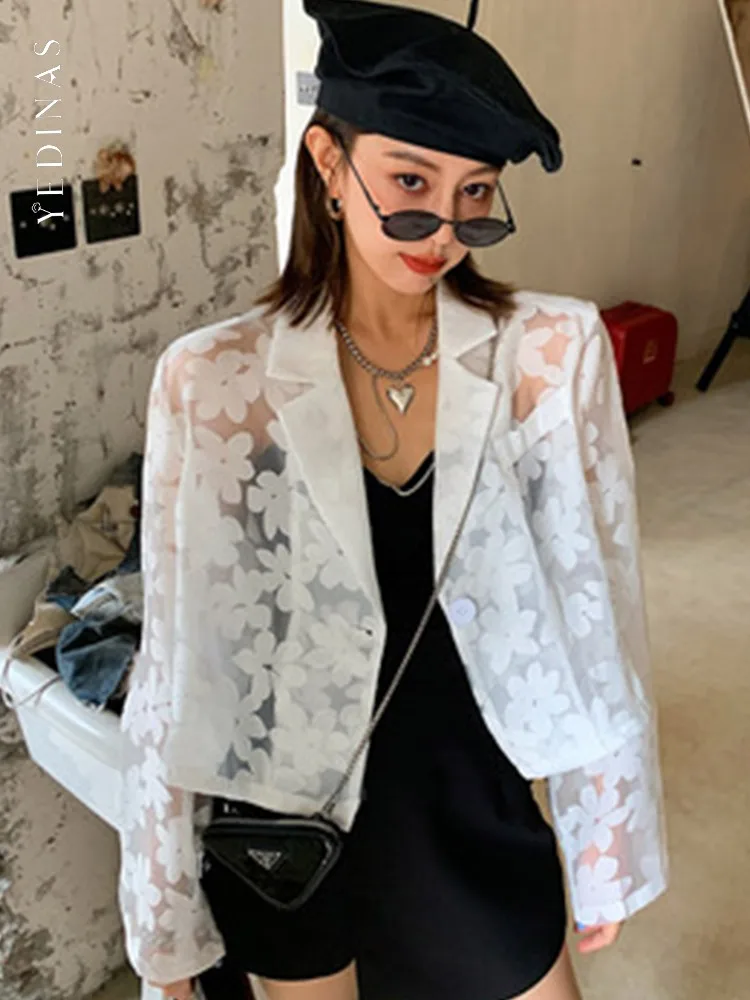 

Yedinas Y2k винтажная Кружевная футболка, женская летняя Прозрачная Тонкая блузка с длинным рукавом, черные сетчатые топы с вышивкой, уличная одежда, футболки