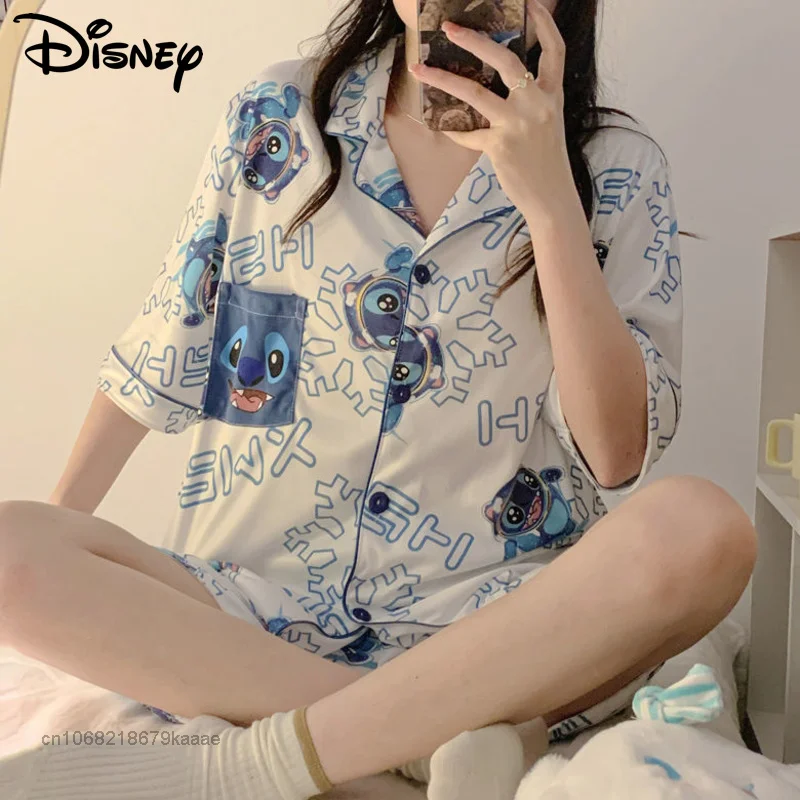 Disney Cartoon Stitch Cute Home Clothes Y2k Aesthetic Pajamas 2 Piece Set Women Tops Shorts Female Summer Soft Sleepwear Suits