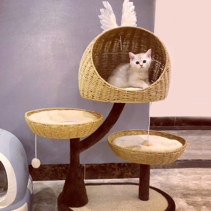 

Free Sample Modern Tall Cat Tower Scratching Posts Condos Top Perch Rattan Wooden Cat Tree；Hand Knitting