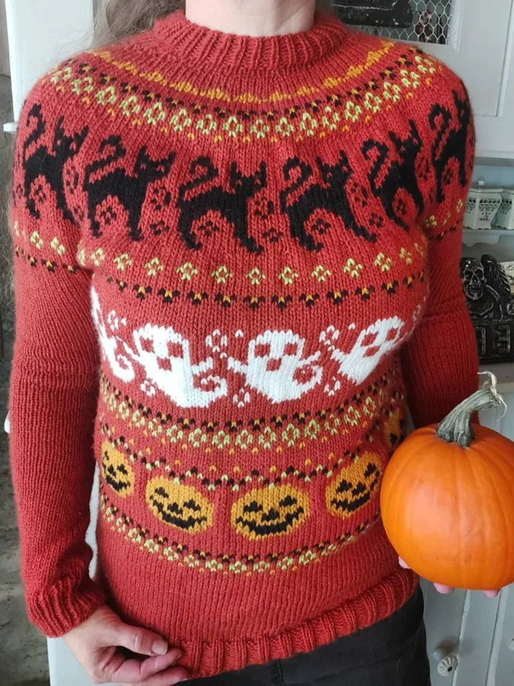 

Yangelo Gothic Ghost Pattern Design Women Winter Warm Sweater Halloween Retro Long Sleeve Pullover Knit Y2K Sweater Women