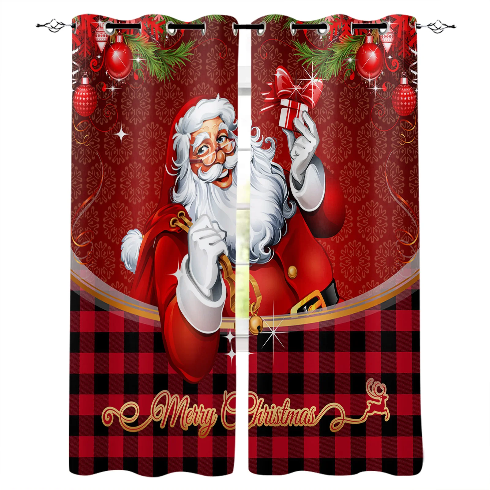 

Christmas Santa Claus Plaid Gift Lantern Curtains For Living Room Bedroom Decorative Window Treatment Drapes Kitchen Curtains