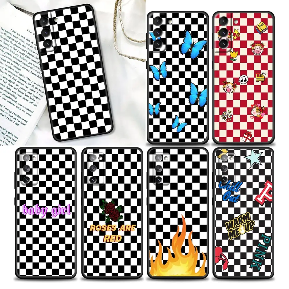 

Phone Case for Samsung Galaxy S7 S8 S9 S10e S21 S20 Fe Plus Ultra 5G Soft Silicon Cover Checkerboard Checkered Chess Board Bling