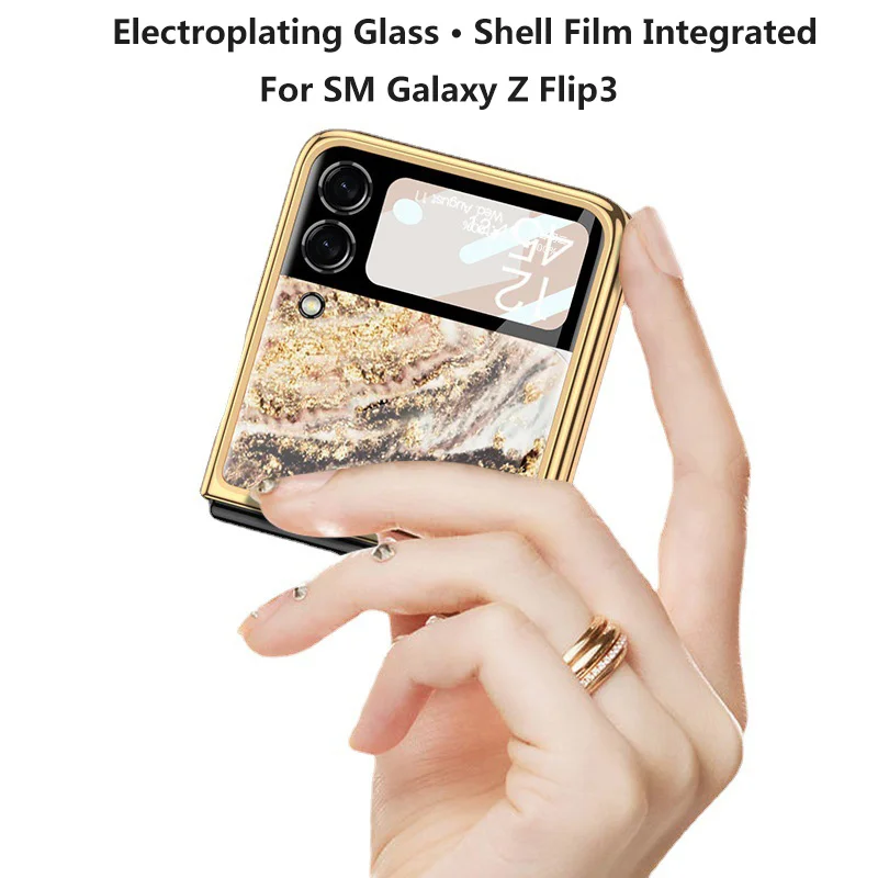 

Plating Glass Case For Samsung Galaxy Z Flip 3 5G Phone Cover Marble Precise Hole Protective Film Fitted Case Shockproof Fundas