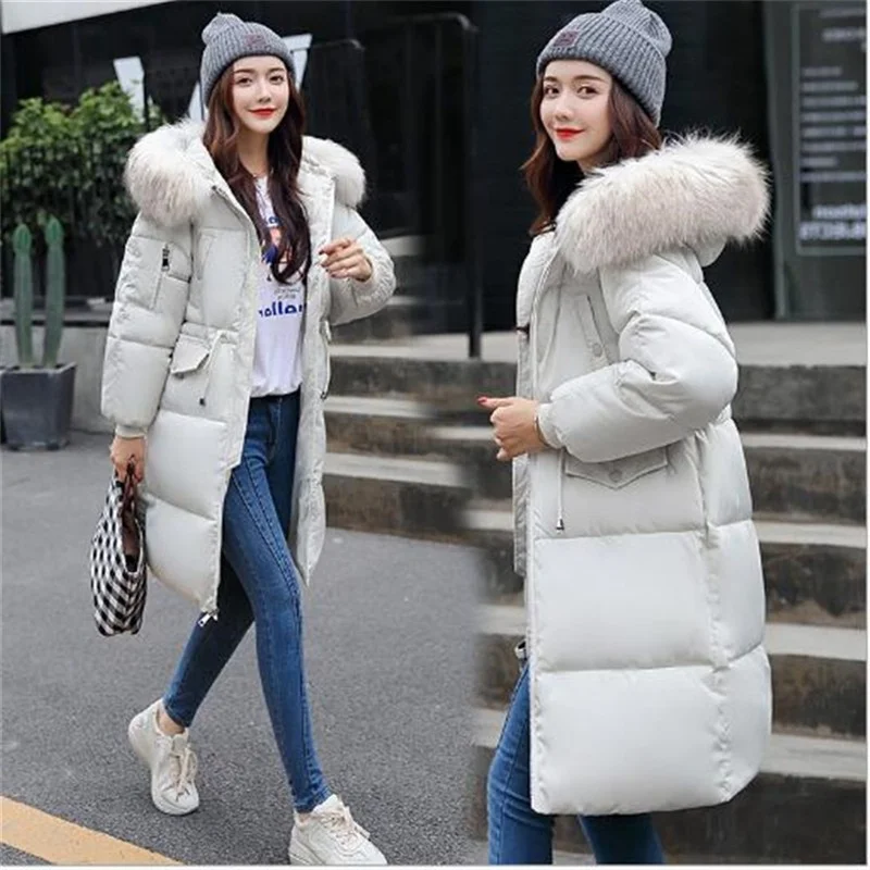 Women's Mid-Length Padded Coats with Large Fur Collar Winter New Korean Style College Thickening Jackets Parkas Female Overcoat