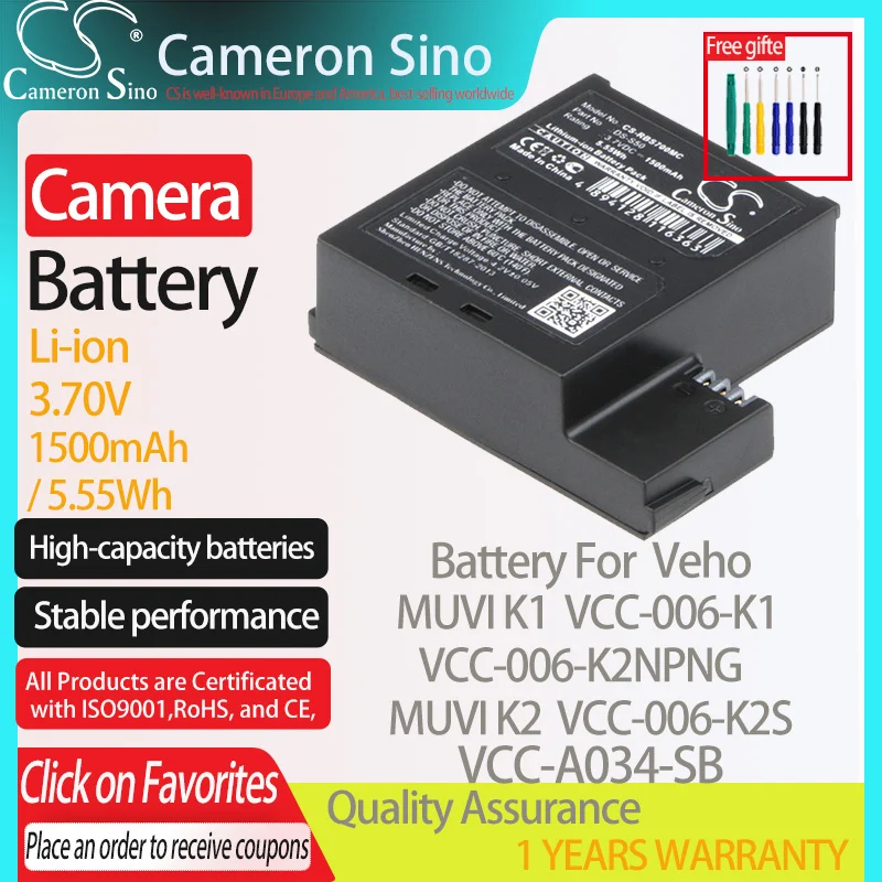 CameronSino Battery for Veho MUVI K1 MUVI K2 VCC-006-K2NPNG 