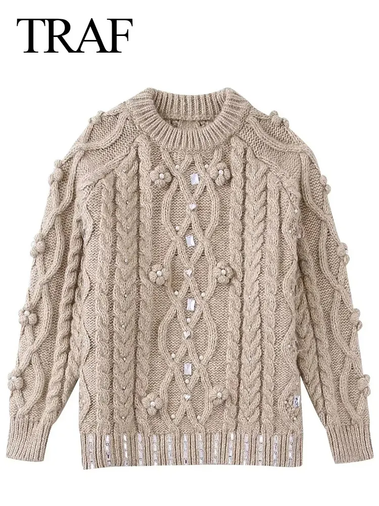 

TRAF Women's Fashion Faux Pearl Jewel Embellished Sweater Pullover Elegant O-Neck Long Sleeve Loose Casual Female Knitwear