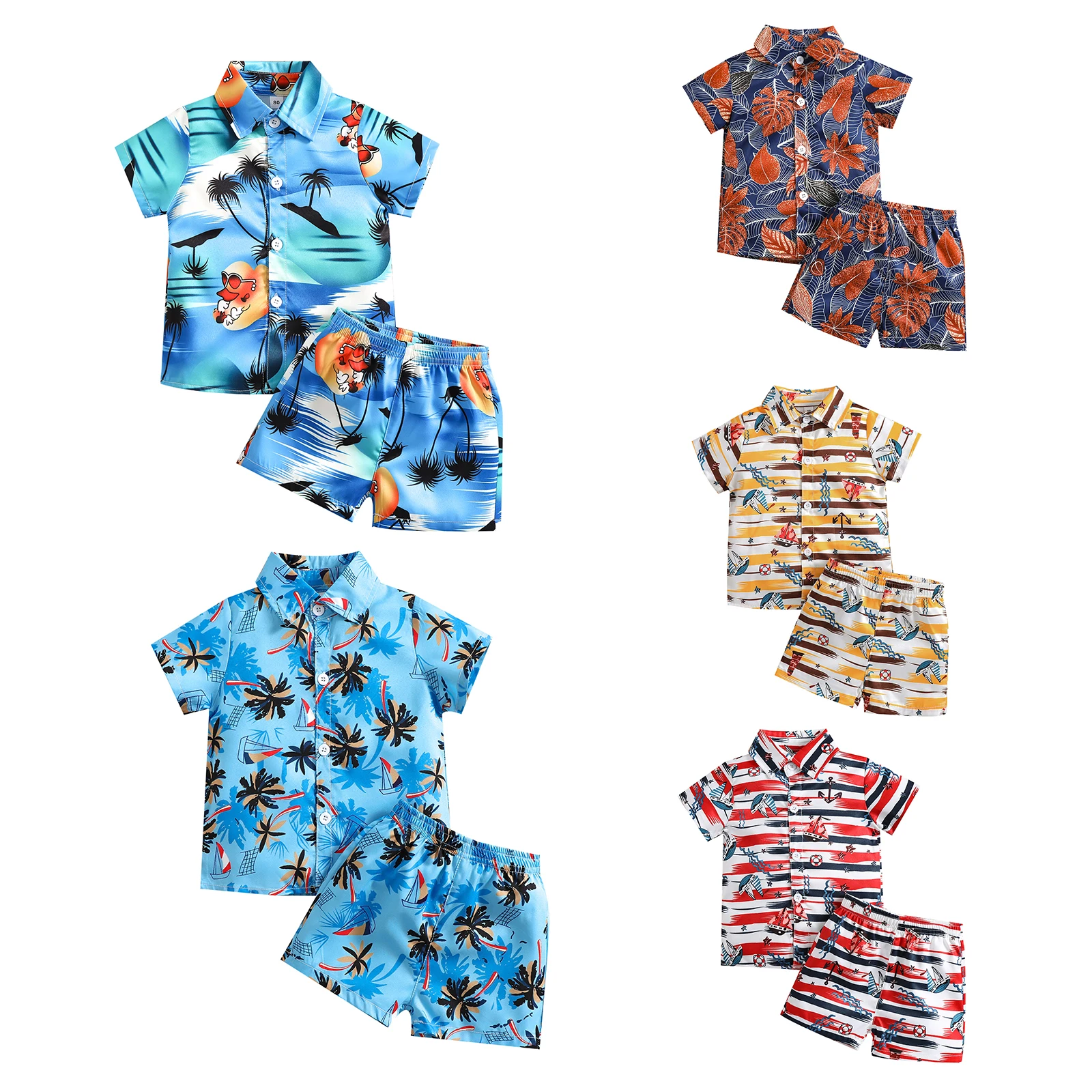 

Комплект пляжной одежды для маленьких мальчиков, модный топ с коротким рукавом и принтом «растения» и короткие брюки, 5 цветов, на возраст 1-6 ...