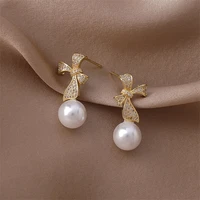 masa 2022 korean new fashion style luxury zircon bow pendant earrings pearl simple versatile ladies wedding jewelry gifts hot