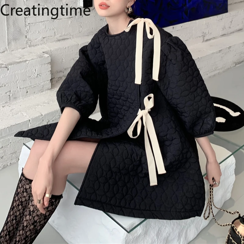 

Creatingtime 2022 Spring and Autumn New Fashion Trend Women's Round Neck Puff Sleeves Bow Vintage Cotton Clothes Dress GA782
