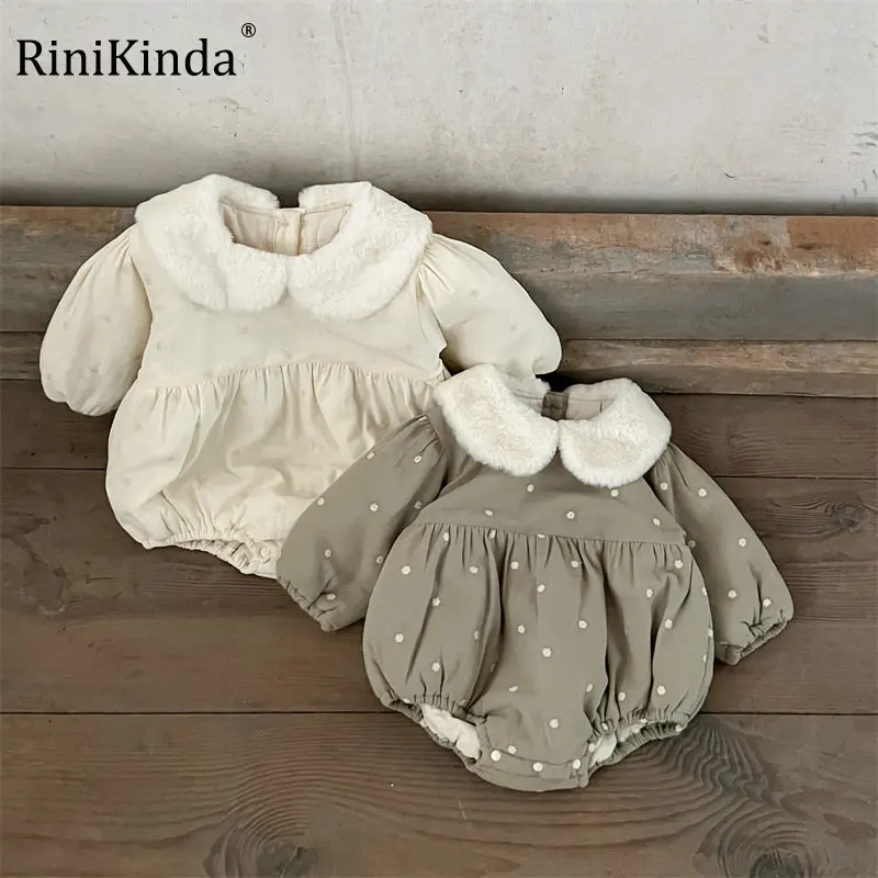 

RiniKinda 2022 Winter Thicken Warm Baby Girl Bodysuit Wool Lapel Down Clothes Cotton Plus Velvet Jumpsuit Cute Girls Clothing