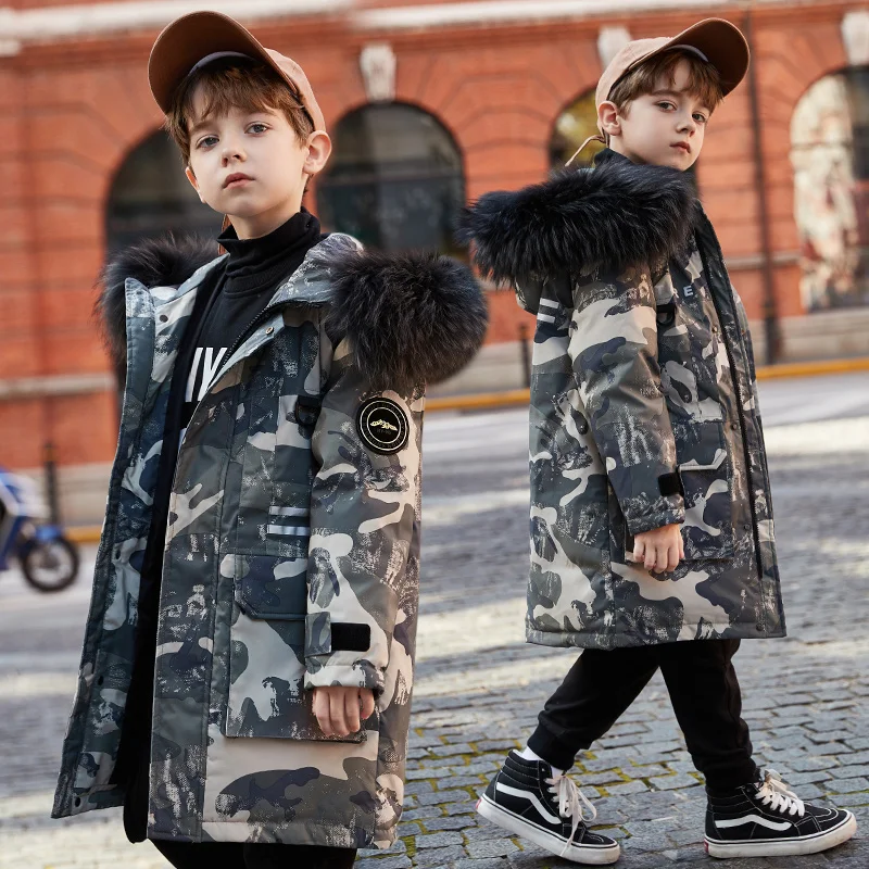 

HSSCZL Boys duck down jackets long winter thicken 2022 new camouflage hooded fur collar boy child outerwear overcoat children's