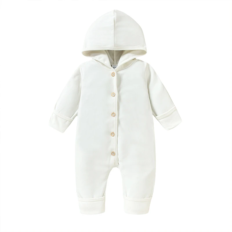 

Infant Baby Autumn Winter Jumpsuit 0-18 Month Newborn Solid Color Long Sleeve Button Closure Hooded Romper for Boys Girls