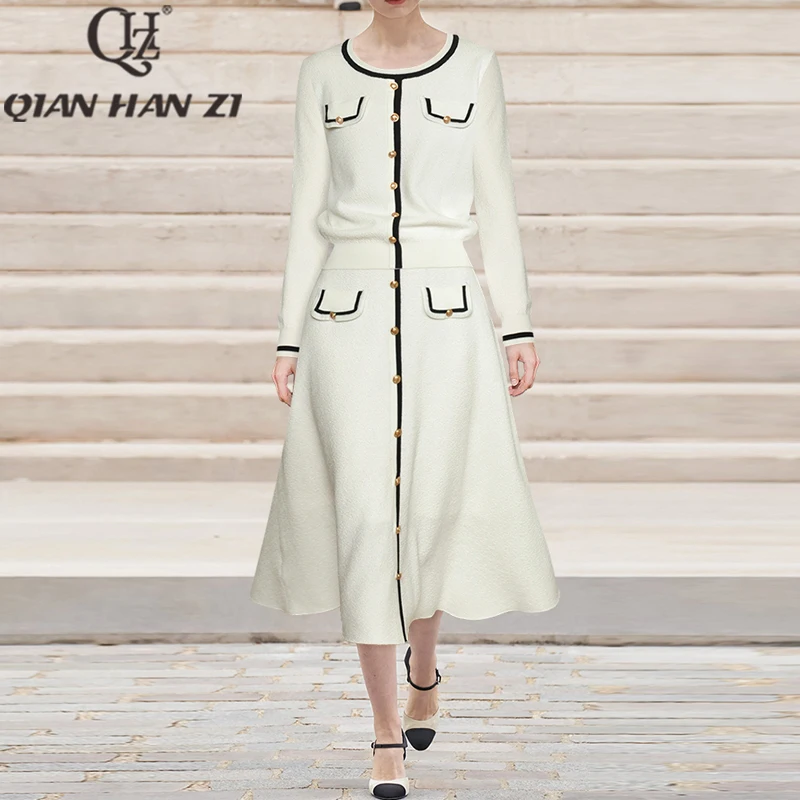 

Дизайнерский Модный женский трикотажный костюм QHZ из 2 предметов, свитер с круглым вырезом и карманами с длинным рукавом, кардиган + элегантная длинная юбка на пуговицах