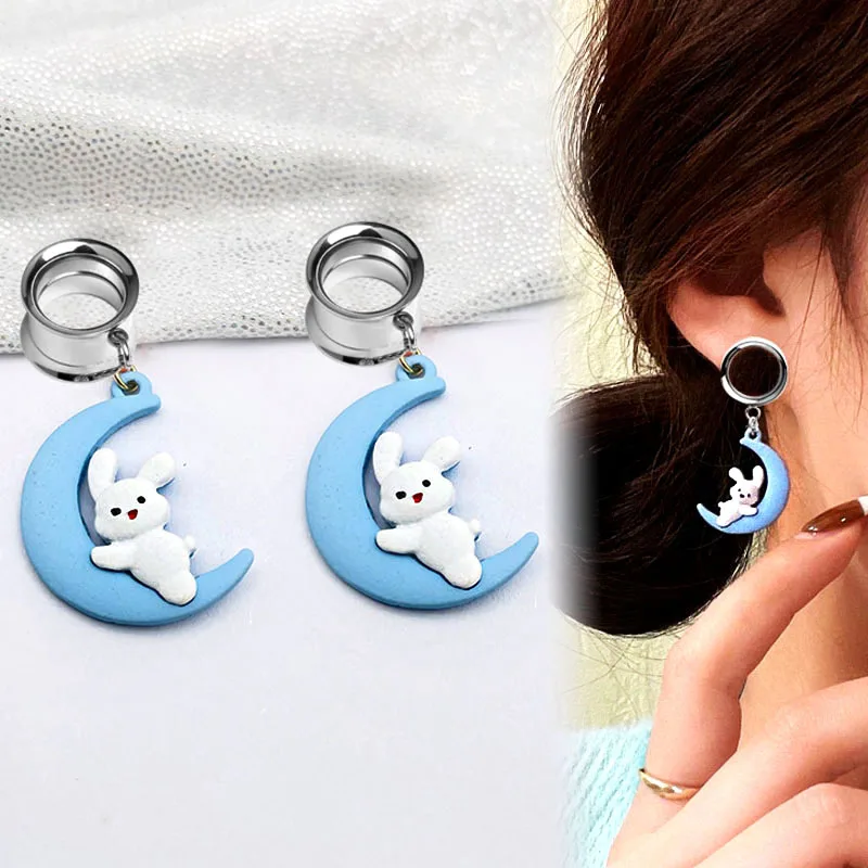 

2P Dreamy Moon Cute Rabbit Pendant Ear Plugs and Tunnels Stretcher Stainless Steel Gauges Piercing Body Jewelery Screw-fix Plug
