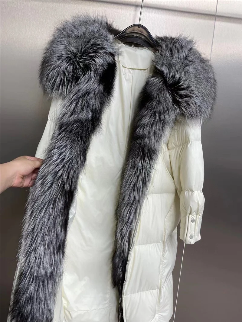 2022 Fashion Winter Jacket Women Big Natural Fur Collar Long Parka Streetwear Real Fur Coat White Duck Down Silver Jacket  Korea