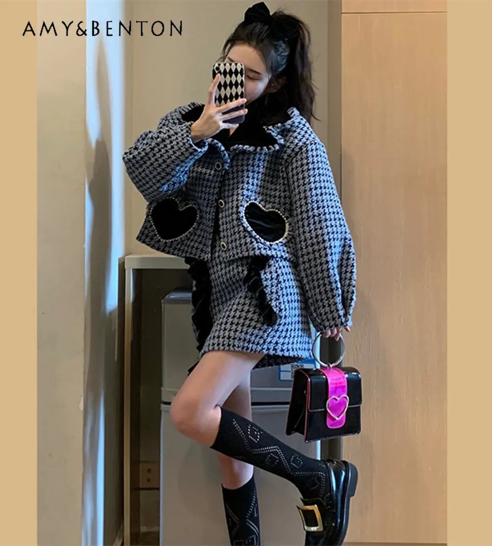 Women's Autumn and Winter Tweed Coat and Skirt Set Tweed Sweet Cool Wear Match Petite Coat and A-line Skirt Two-Piece Set Ladies