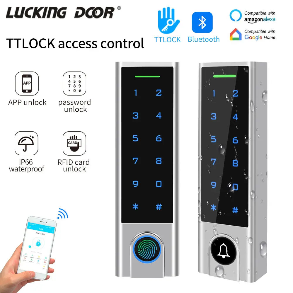 Sistema de Control de Acceso de puerta, lector de tarjetas con huella dactilar o campana, Panel abridor de puerta, 13,56 Mhz, aplicación TTlock, Bluetooth, teléfono inteligente