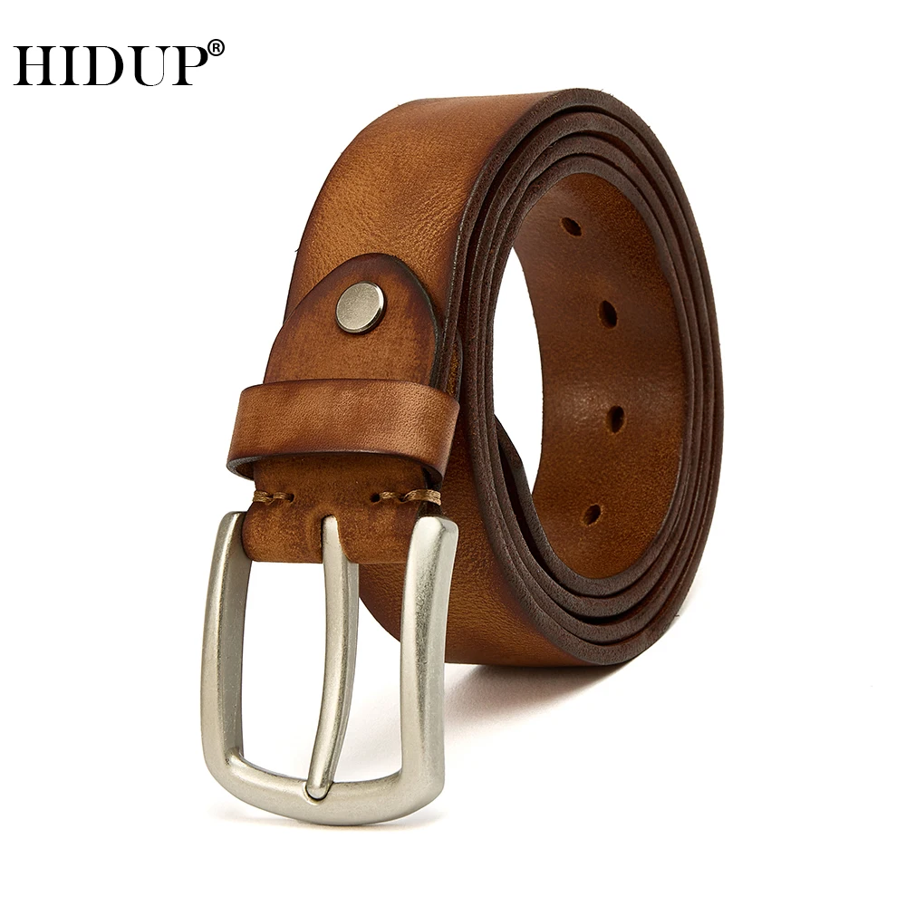 HIDUP Mens Top Quality Cow Leather Belt Real 100% Pure Cowskin Fashion Design Casual Style Pin Buckle Metal Belts Male 38mm Wide