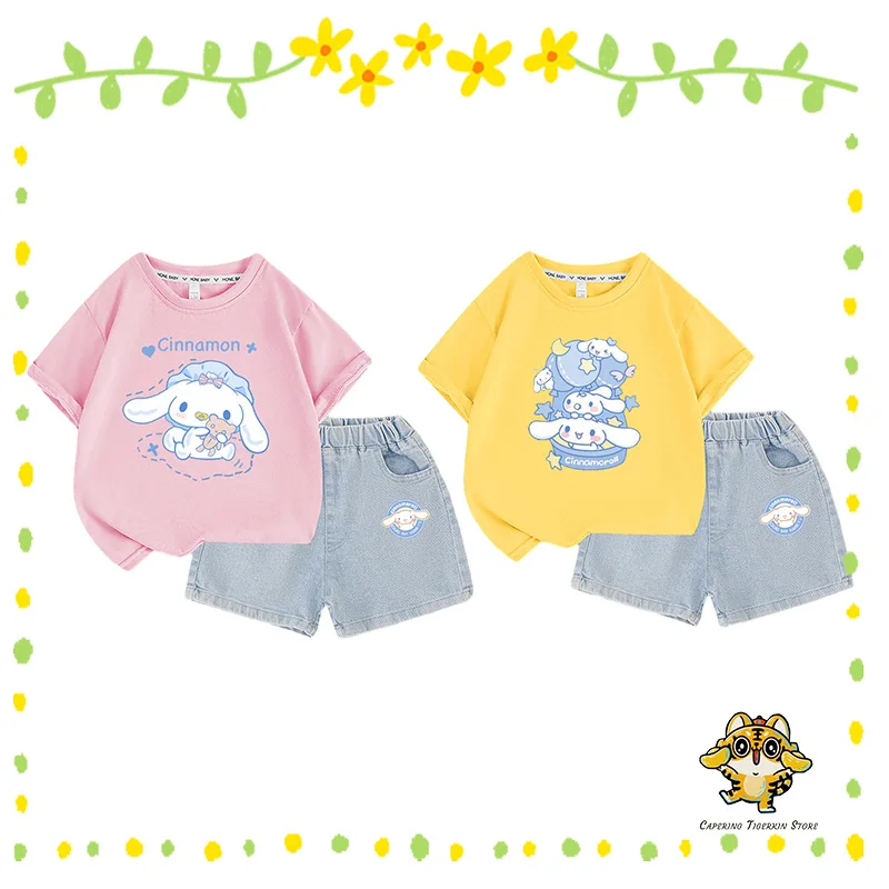 

Футболка и шорты Sanrio, милый картонный комплект из двух предметов для девочек, джинсовая хлопковая летняя спортивная одежда, подарок для детей