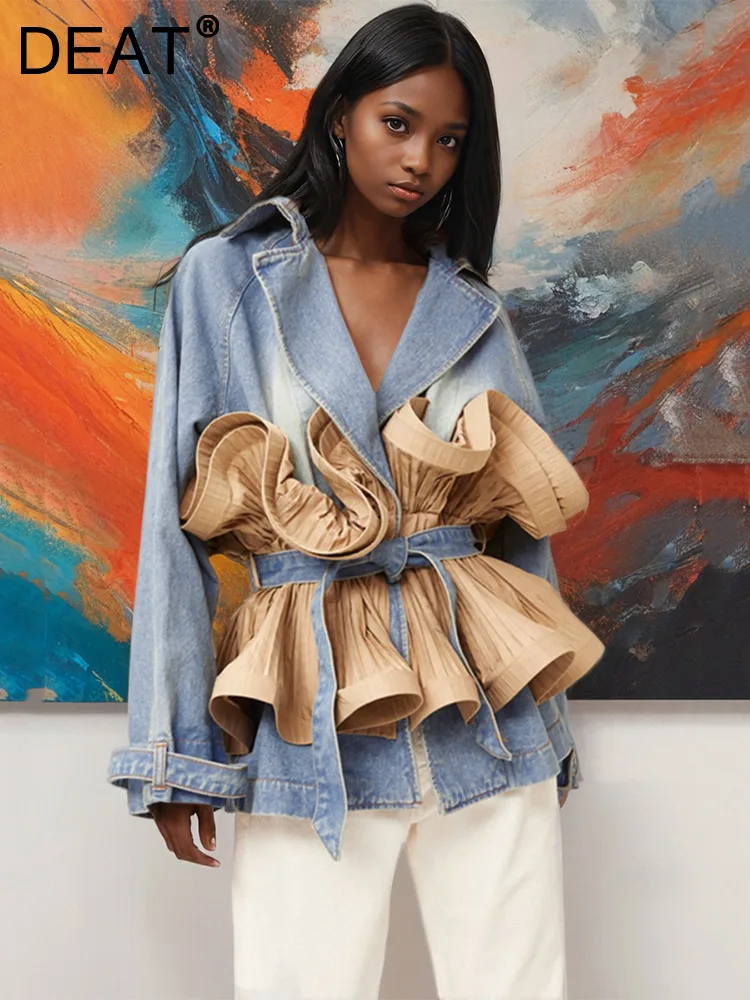 Женская джинсовая куртка с длинным рукавом DEAT модная составного кроя со