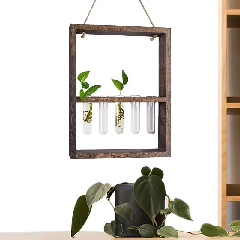 Wall Mounted Hanging Plants Test Tube Flower Bud Glass Terrarium Wooden Frame With 5 Test Tube Home Garden Wedding Decoration