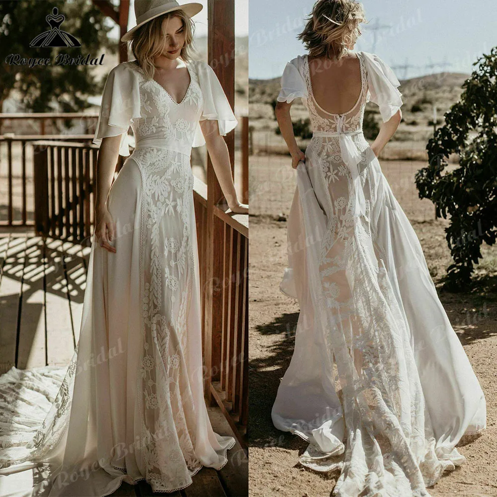 

Romantic Vestidos Beach Behemian A Line Lace Wedding Dress with Short Cap Sleeve 2023 Open Back Country Bridal Gown abiti sposa