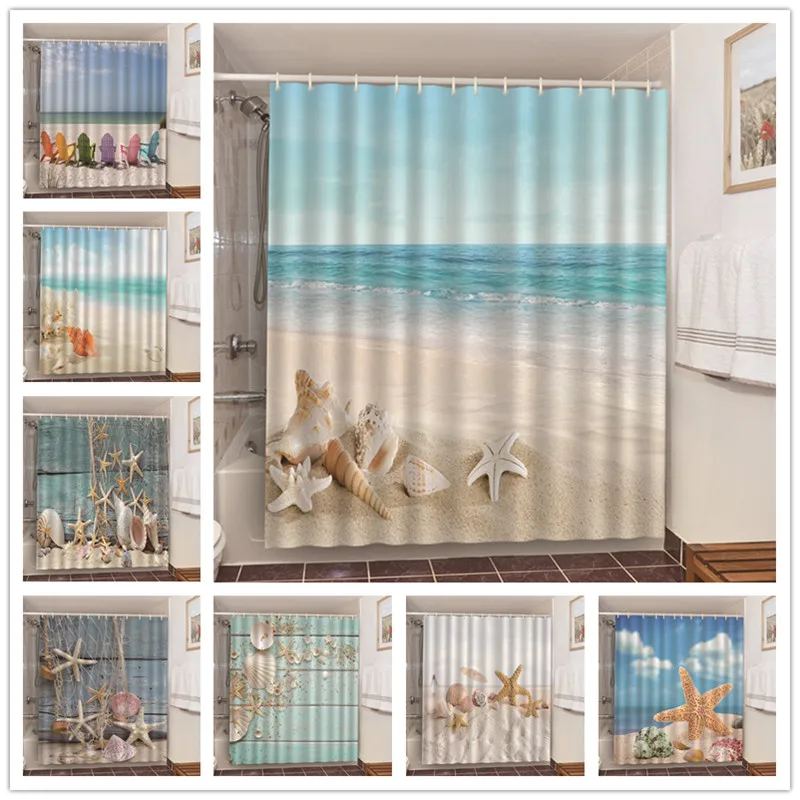 

Cortinas impermeables con estampado de conchas y estrellas de mar, visillo de ducha para baño, para puerta pantalla opaca, azul,