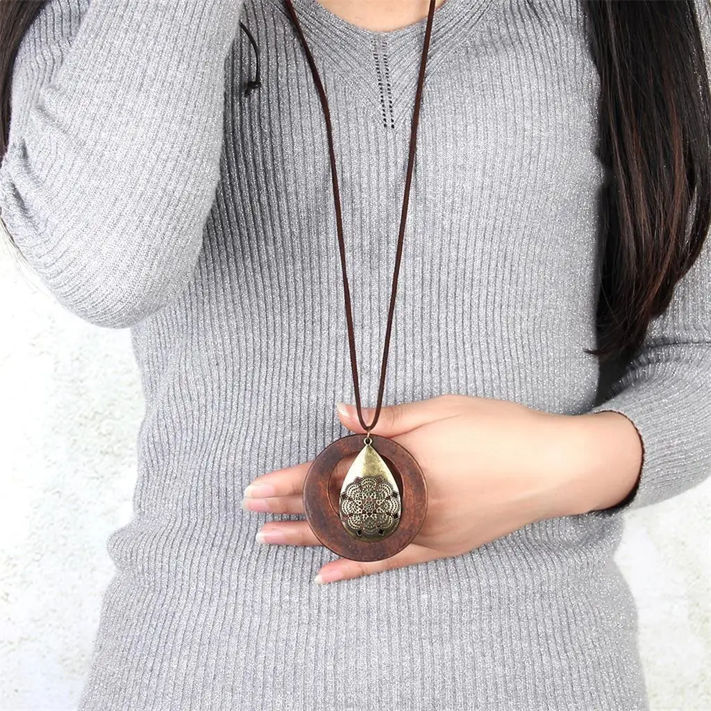 women Jewelry Wood Pendant Necklace Long Waterdrop Sweater Chain