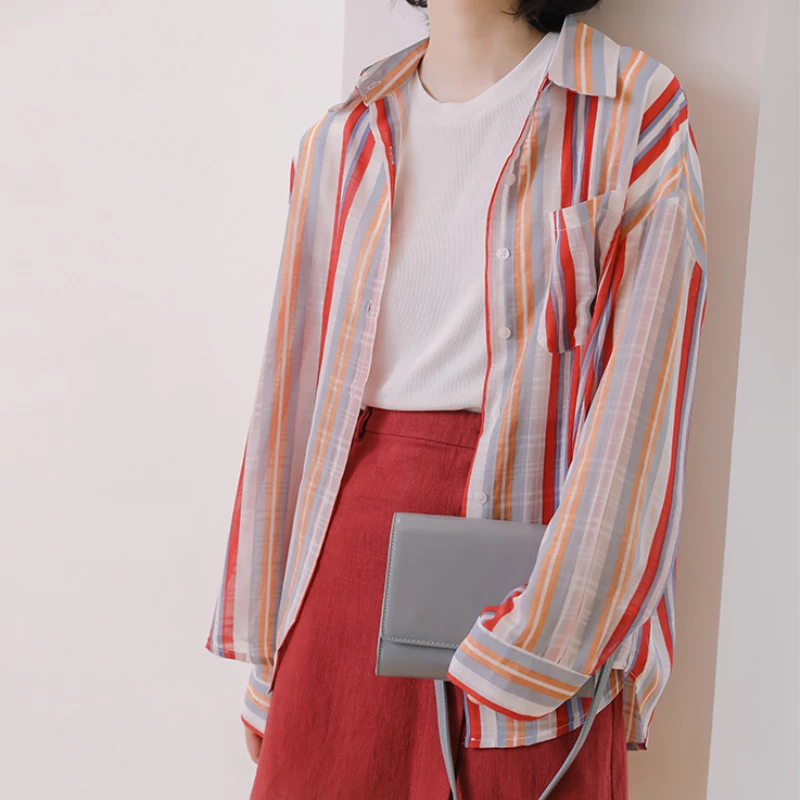 

ZOKI Chiffon Women Thin Shirts Korean Fashion Striped Long Sleeve Casual Pocket Button Up Shirt Designed Loose Female Spring Top