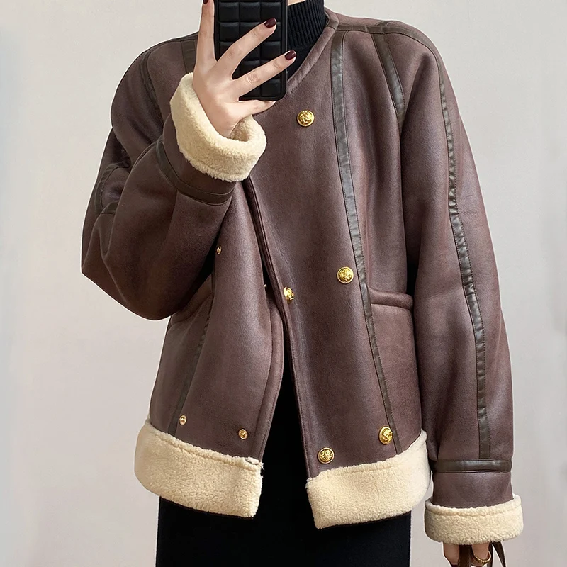 

2022 Winter Women's Jacket Lamb Wool Motorcycle Coat Suede Thickened Thermal Faux Leather