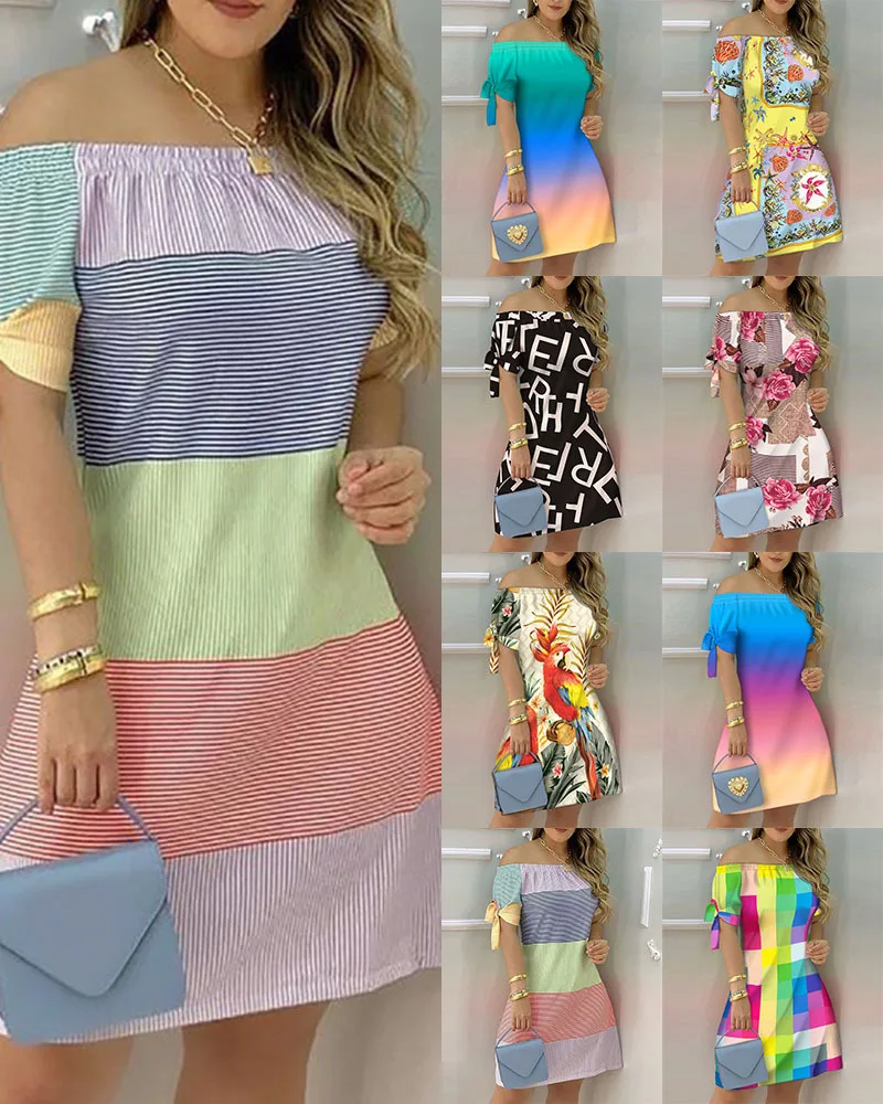 

Women Off Shoulder Dress Sexy Short Sleeve Bow Tie Floral Print Dresses Fashion Loose Striped Color Female Mini Dress Vestidos