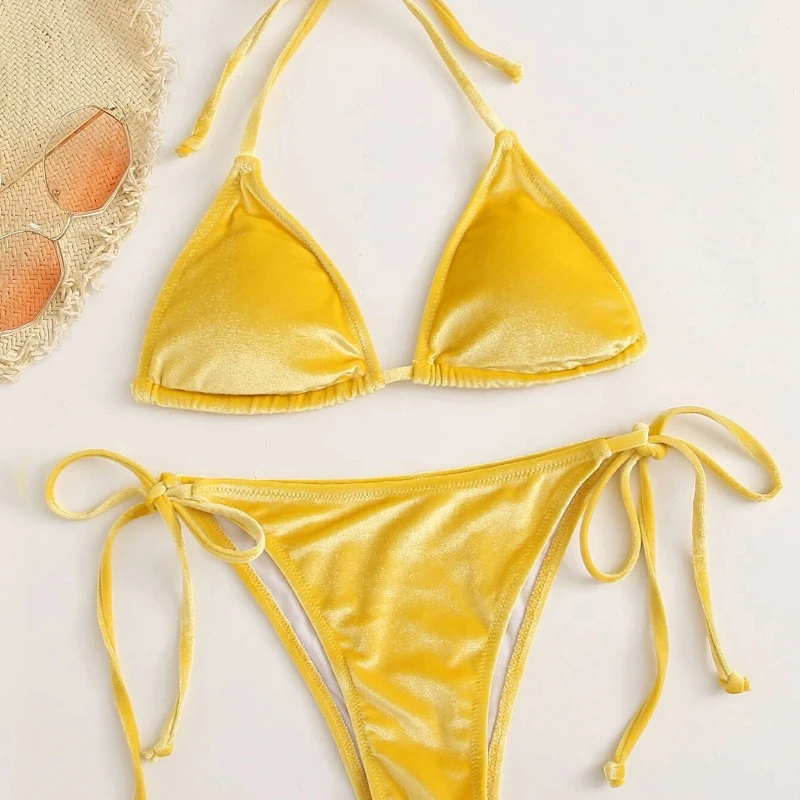 Купальник-бикини женский бархатный с чашками пуш-ап и высоким вырезом |