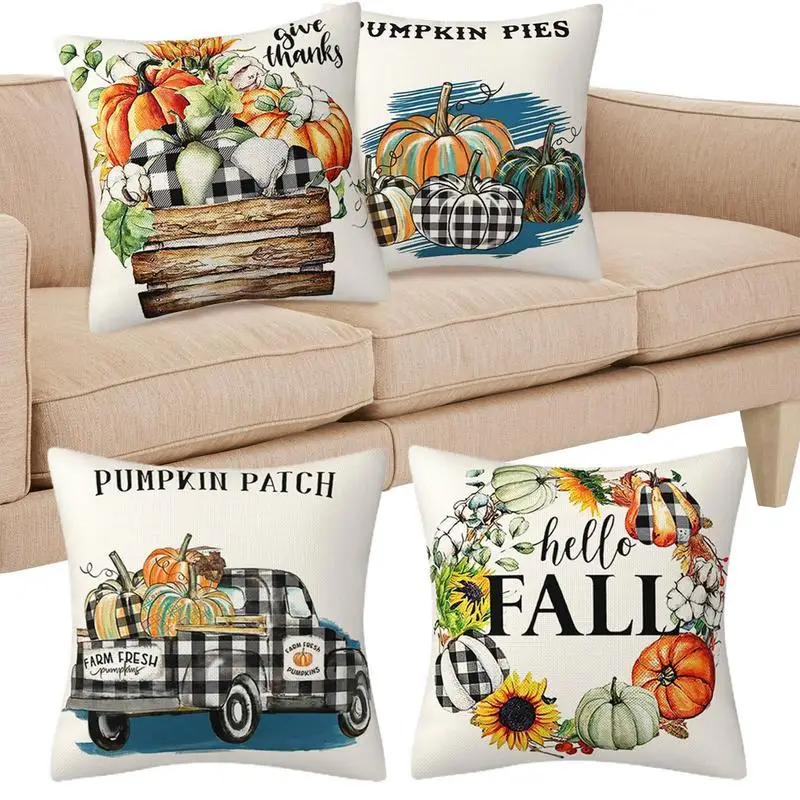 

Fall Pillow Covers 4Pcs Sofa Pillow Cushion Covers Maple Leaves And Buffalo Check Throw Cushion Covers For Thanksgiving Living