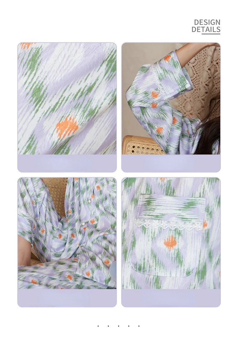 Women's 2 Piece Pajamas Sets Soft Cute Floral Pijama Faux Silk Satin Pyjamas Female Sleepwear Long Sleeve Shirt Trouser Homewear