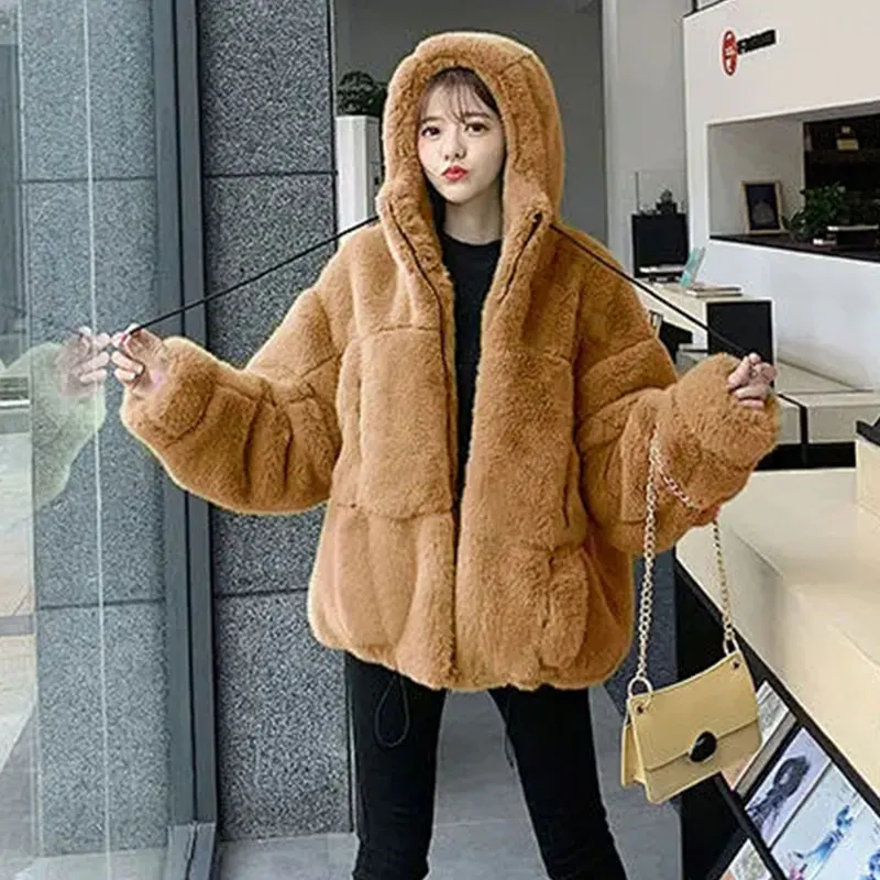 Women's Fur Jacket Famale Loose Faux Rabbit Fur Zip Hooded Thicken 2023 Winter Short Fur Coat Excellent Texture Thick Fur khaki