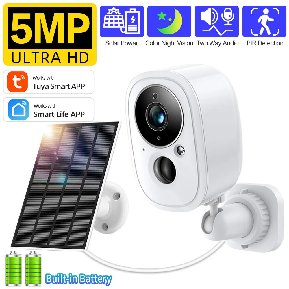 5MP Tuya Smart 5200mAh Solar Battery Outdoor WiFi PIR Security Siren Surveillance FHD Camera Spotlight Color Night Vision Cam