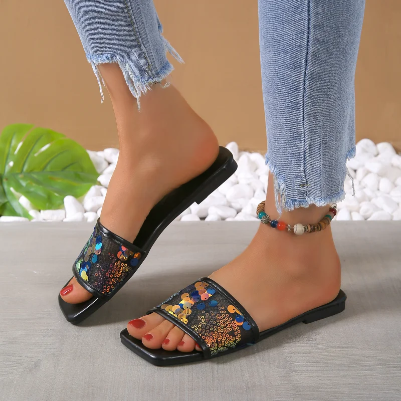 

Шлепанцы женские летние на плоской подошве, пляжные сланцы, дизайнерские сандалии с блестками, большие размеры 43