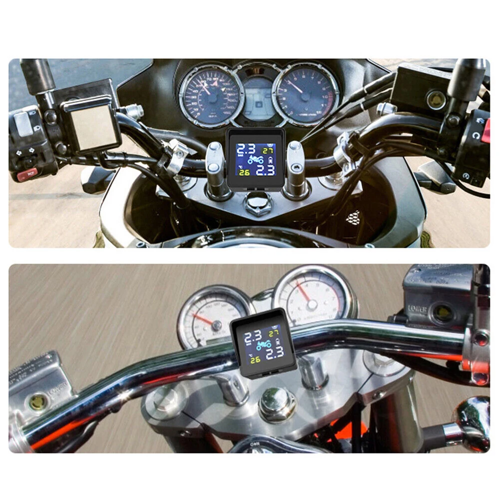 

Motorcycle Solar TPMS Wireless Tire Pressure Monitoring System Tyre Pressure Monitor Temperature Alarm With 2 External Sensors
