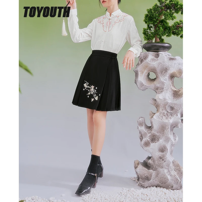 

Toyouth Women Skirt 2022 Autumn A Line Elastic Waist Loose Dress Aesthetic Embroidery Vintage Casual Chic Pleated Skirt