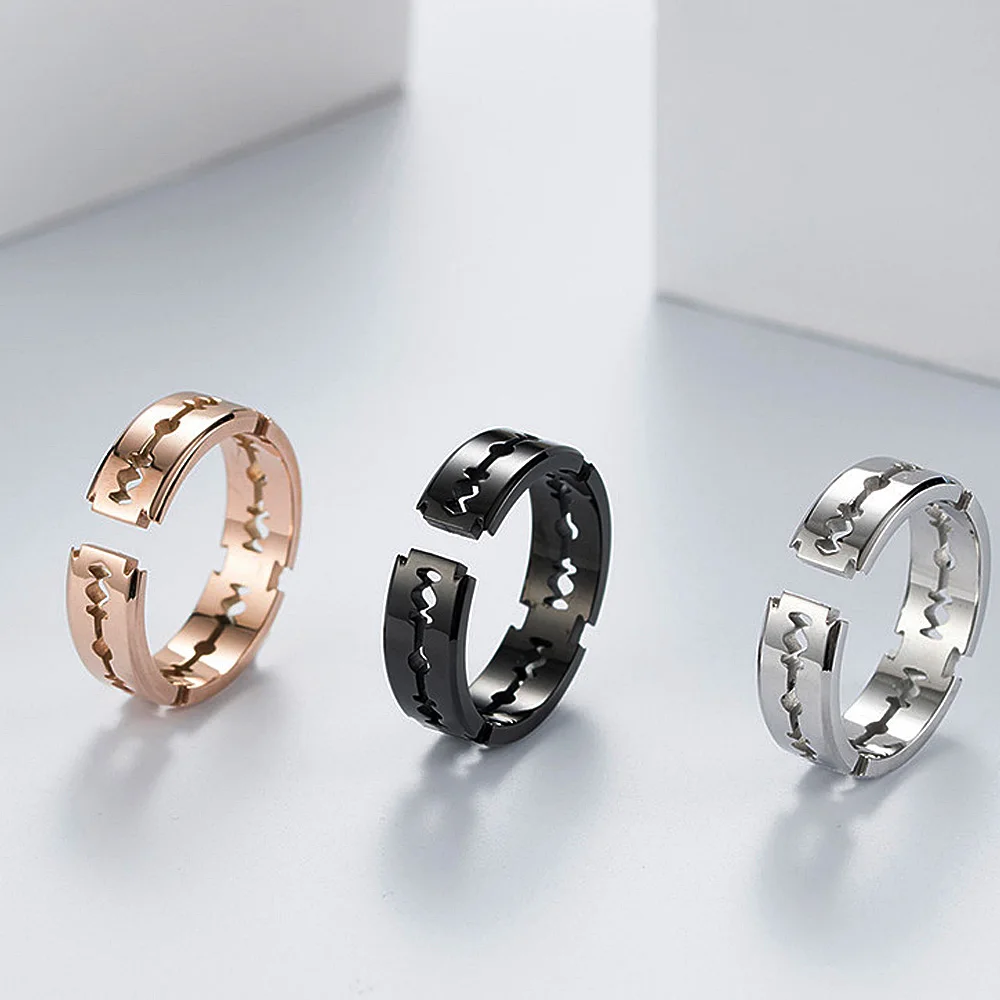 

Simple Open Razor Blade Ring For Men Women Punk Stainless Steel Black/steel Blade Couple Rings Fashion Jewelry Gifts Wholesale