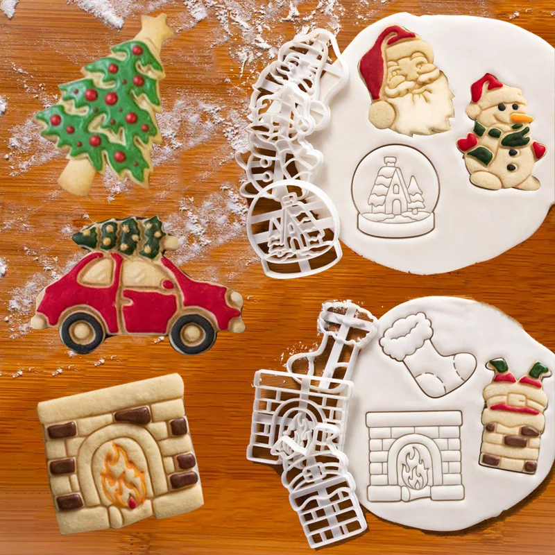

Holiday Christmas Cookie Embosser Cutter Mold Santa Claus Crystal Ball Fireplace Fondant Stamp Cake DecorTools Baking Supplies