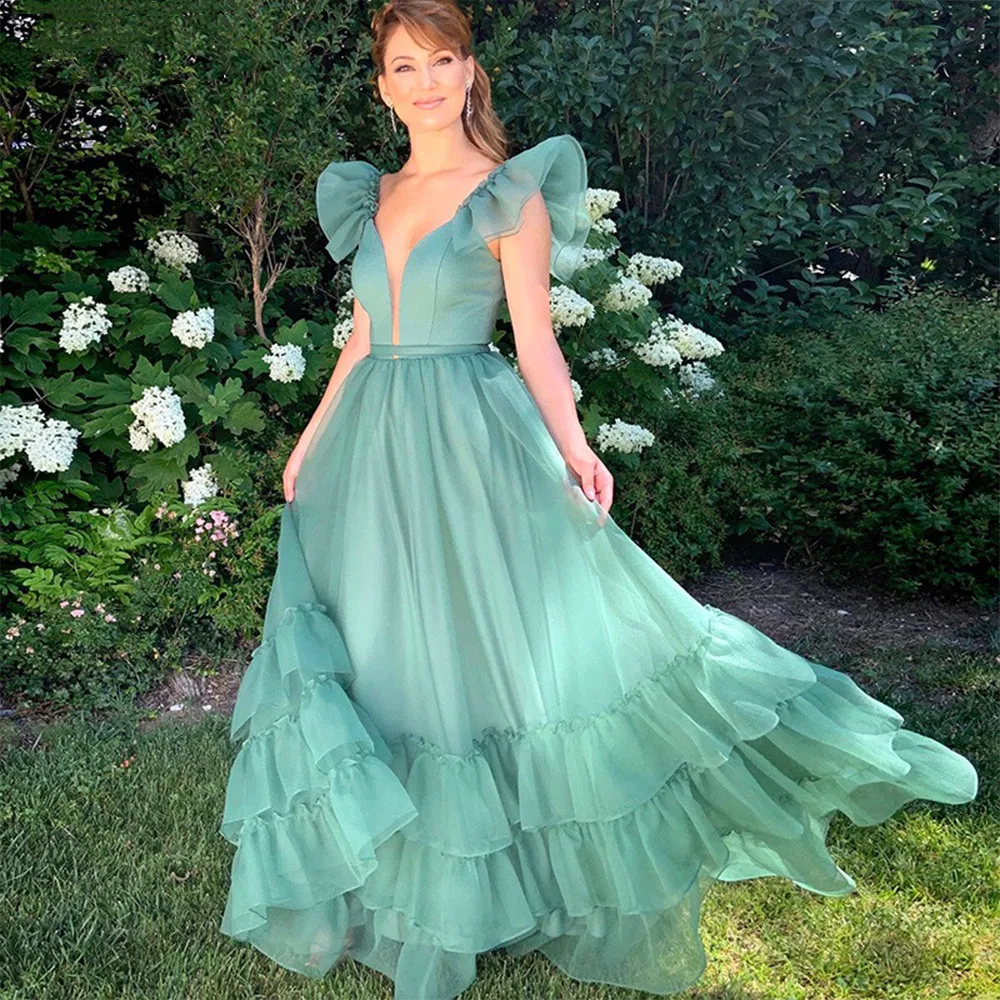 

Green Short Flare Ruffles Sleeves Prom Dresses Simple A Line Backless Tiered Evening Gowns Floor Length robe de soirée