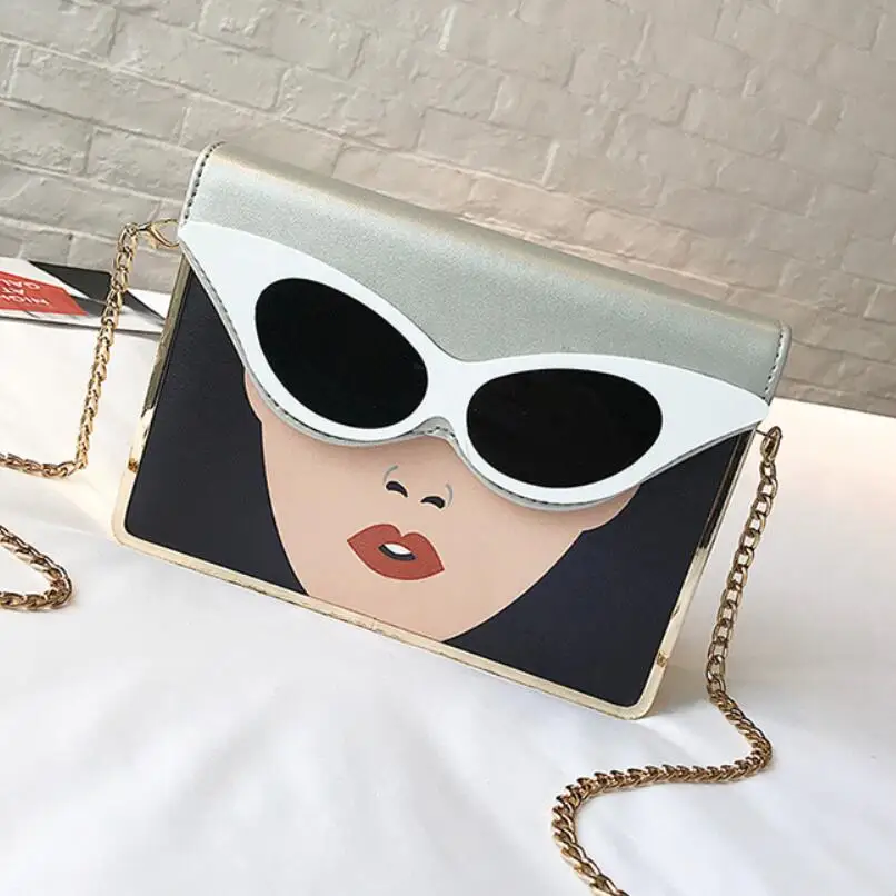 Single shoulder slung small square bag PU fashion contrast color 3D three-dimensional beauty glasses pattern chain shoulder bag