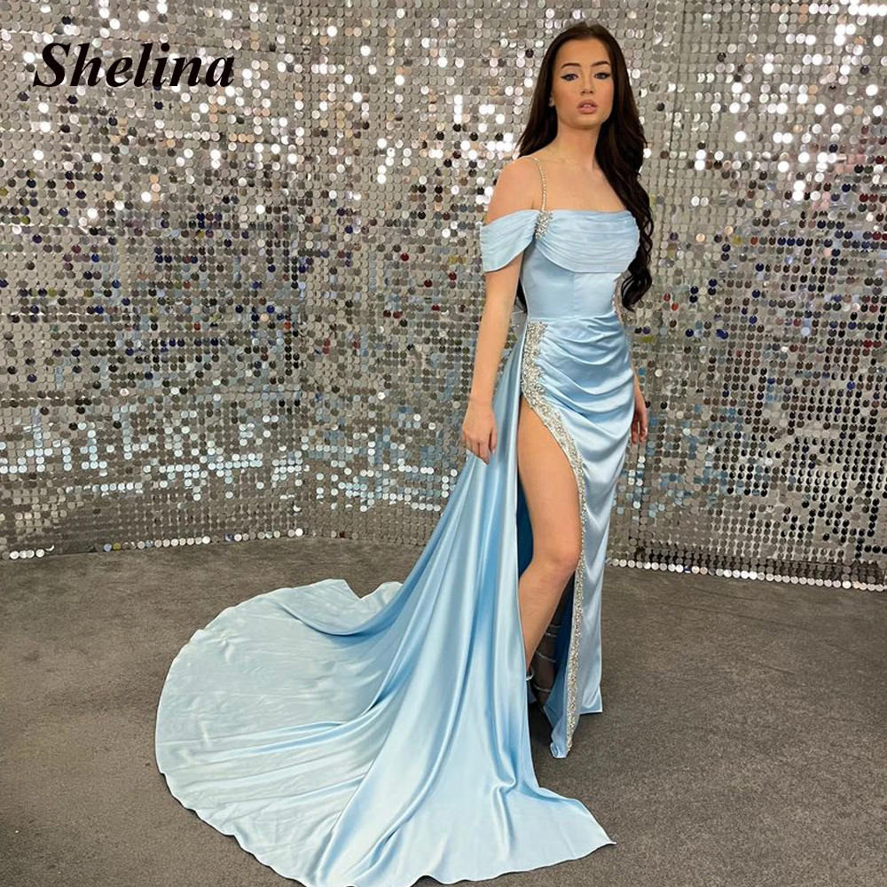

Классические коктейльные платья Shelina с открытыми плечами и разрезом, 2023, плиссированные атласные платья со шлейфом