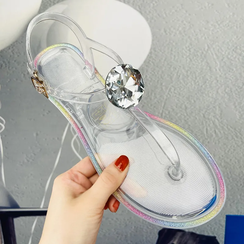 

Jelly T-shaped sandals PVC women's flat bottomed transparent casual beach transparent crystal sandals transparent women's shoes