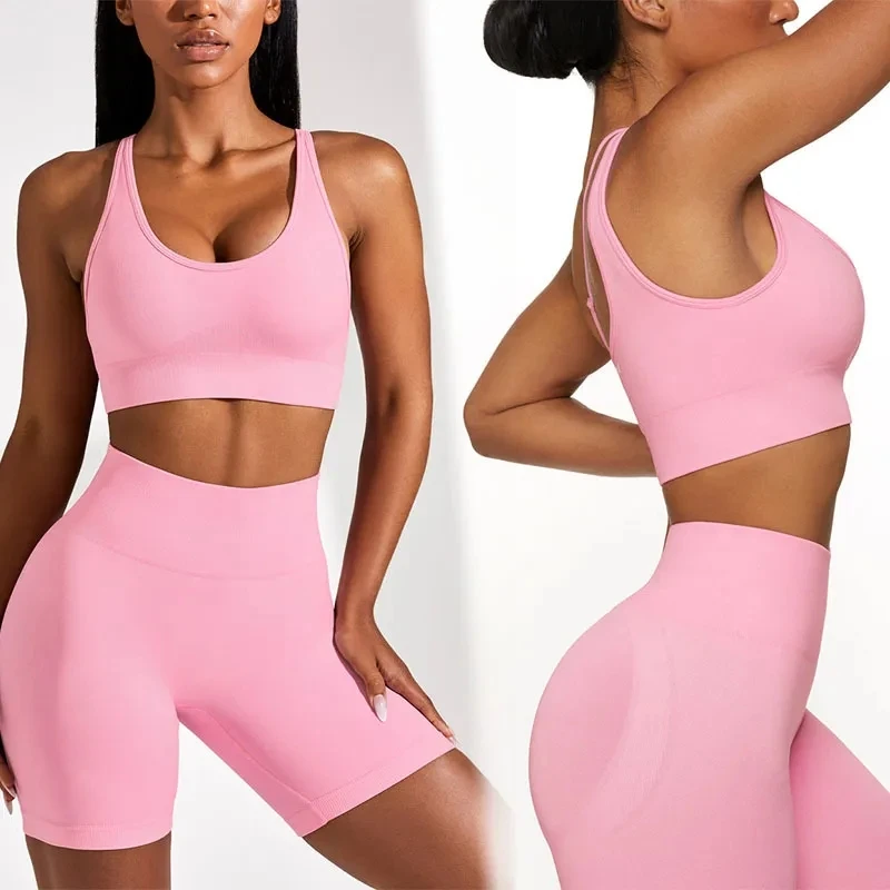 

Knitted Running Bra, High Waisted Shorts, Seamless Yoga Fitness Suit Set