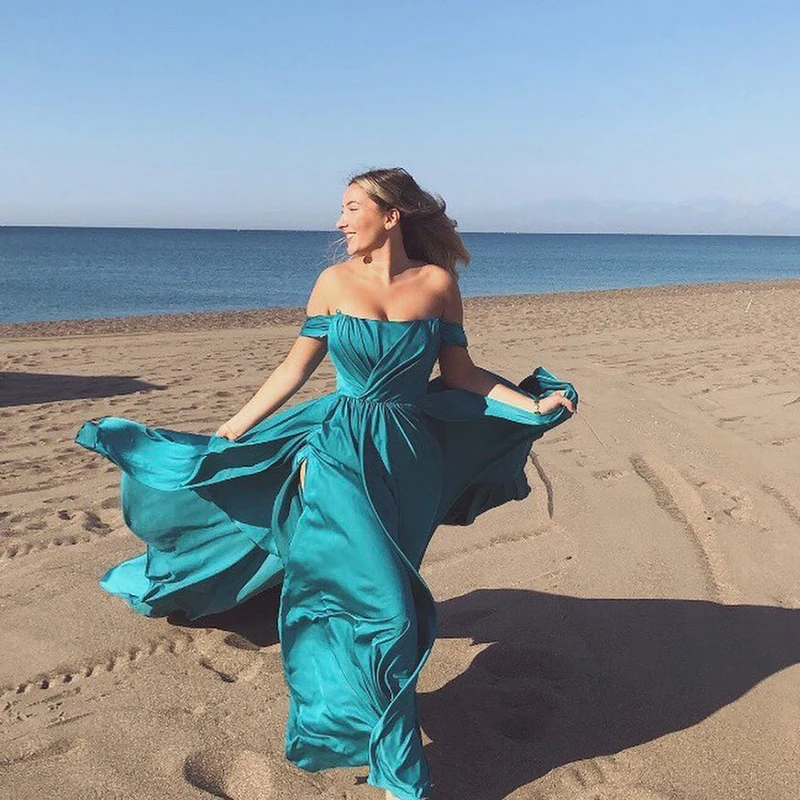 

UZN Elegant Turquoise Off The Shoulder A-Line Silk Satin Prom Dress Sexy High Split Long Evening Dress Plus Size Party Dress