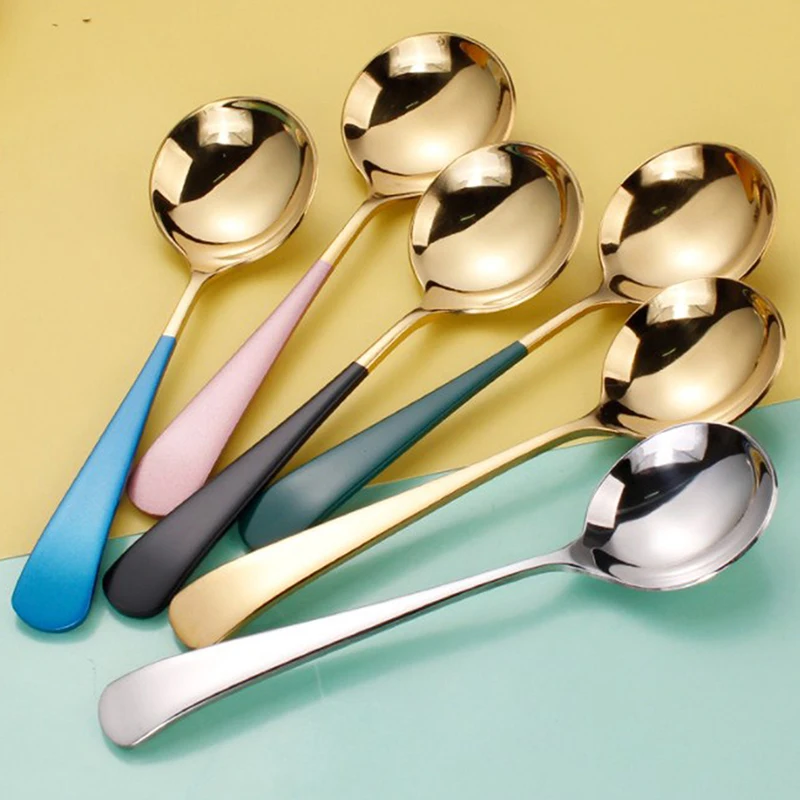 

Stainless Steel Dessert Spoon Long Handle Soup Scoop Light Luxury Round Head Household Tableware Mixing Spoon Dinnerware